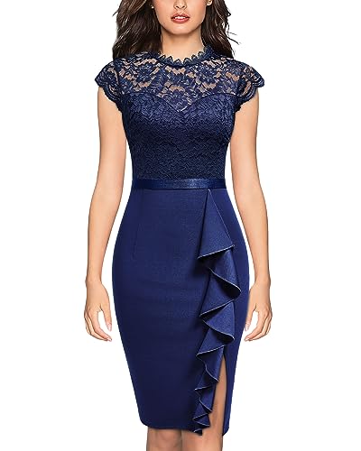 MIUSOL Damen Spitze Kurzarm Business Etuikleid Cocktailkleid Navy Blau Gr.M von MIUSOL