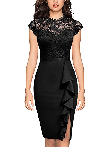 MIUSOL Damen Spitze Kurzarm Business Etuikleid Cocktailkleid Schwarz Gr.L von MIUSOL