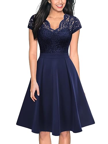 MIUSOL Damen Spitzen Cocktail Party Kleider Brautjungfern Abendkleid（Navy Blau，Gr.L） von MIUSOL