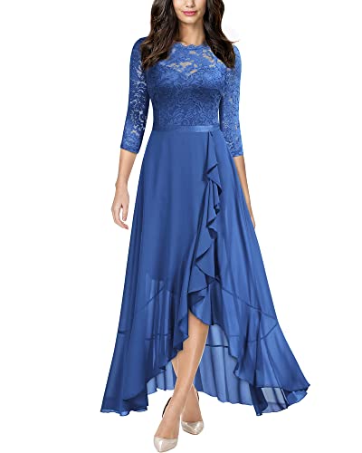 MIUSOL Damen Spitzenkleid Hüfte öffnen Abendkleid 3/4 Ärmel Cocktailkleid Maxi Partykleid Blau Gr.2XL von MIUSOL