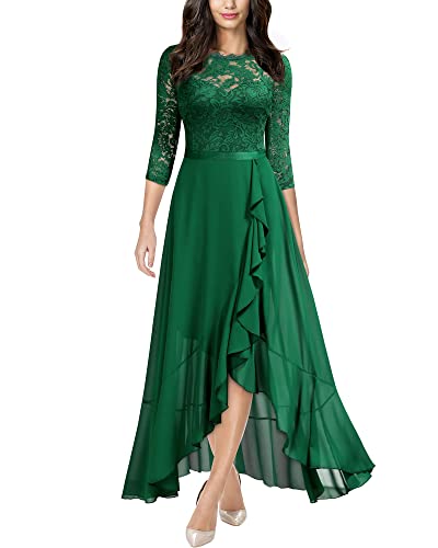 MIUSOL Damen Spitzenkleid Hüfte öffnen Abendkleid 3/4 Ärmel Cocktailkleid Maxi Partykleid Dunkelgrün 2XL von MIUSOL