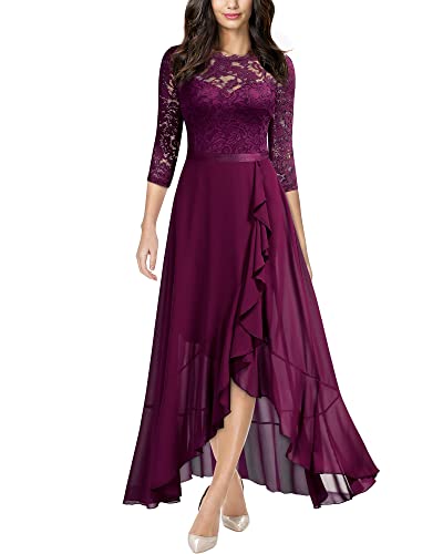 MIUSOL Damen Spitzenkleid Hüfte öffnen Abendkleid 3/4 Ärmel Cocktailkleid Maxi Partykleid Magenta 2XL von MIUSOL