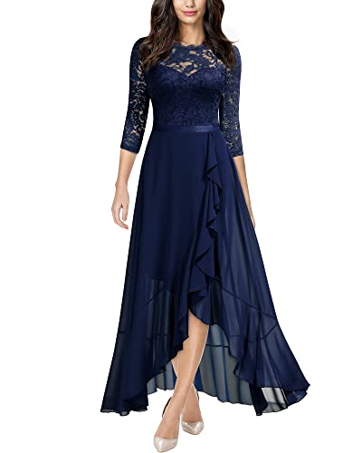 MIUSOL Damen Spitzenkleid Hüfte öffnen Abendkleid 3/4 Ärmel Cocktailkleid Maxi Partykleid Navy Blau L von MIUSOL