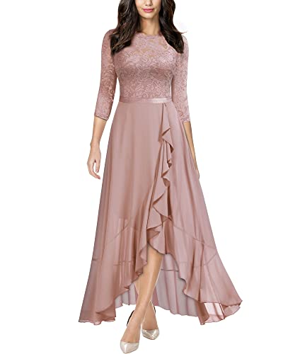 MIUSOL Damen Spitzenkleid Hüfte öffnen Abendkleid 3/4 Ärmel Cocktailkleid Maxi Partykleid Rosa L von MIUSOL