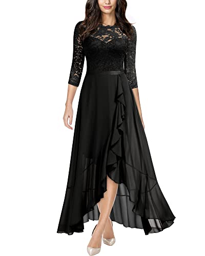 MIUSOL Damen Spitzenkleid Hüfte öffnen Abendkleid 3/4 Ärmel Cocktailkleid Maxi Partykleid Schwarz L von MIUSOL