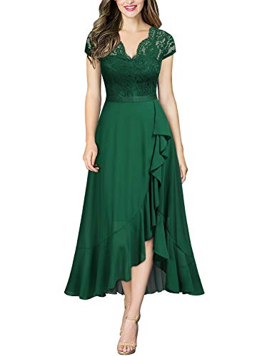 MIUSOL Damen Spitzenkleid Hüfte öffnen Abendkleid Cap Ärmel Cocktailkleid Maxi Partykleid Dunkelgrün 2XL von MIUSOL