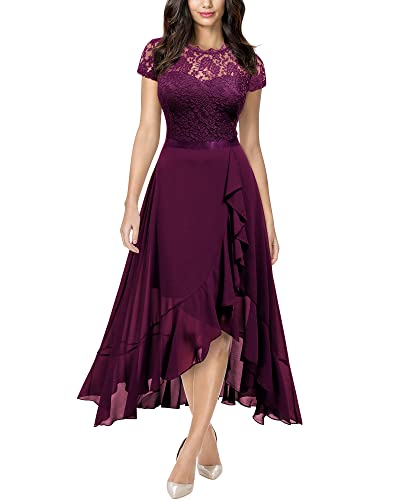 MIUSOL Damen Rundhals Spitzenkleider Hochzeit Brautjungfer Chiffon Abendkleider Magenta Gr.L von MIUSOL