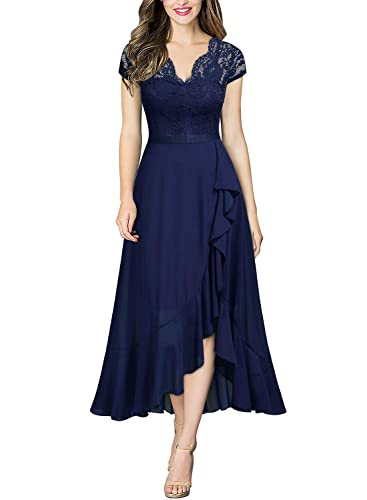 MIUSOL Damen Spitzenkleid Hüfte öffnen Abendkleid Cap Ärmel Cocktailkleid Maxi Partykleid Navy Blau 2XL von MIUSOL