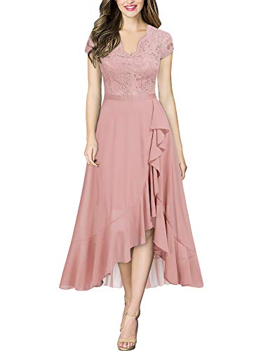 MIUSOL Damen Spitzenkleid Hüfte öffnen Abendkleid Cap Ärmel Cocktailkleid Maxi Partykleid Rosa L von MIUSOL