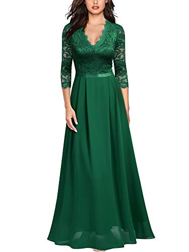 MIUSOL Damen V-Ausschnitt Langes Spitzen Partykleid Hochzeit Chiffon Faltenrock Abendkleid Grün Gr.L von MIUSOL