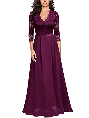 MIUSOL Damen V-Ausschnitt Langes Spitzen Partykleid Hochzeit Chiffon Faltenrock Abendkleid Magenta Gr.L von MIUSOL