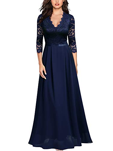 MIUSOL Damen V-Ausschnitt Langes Spitzen Partykleid Hochzeit Chiffon Faltenrock Abendkleid Navy Blau Gr.XL von MIUSOL