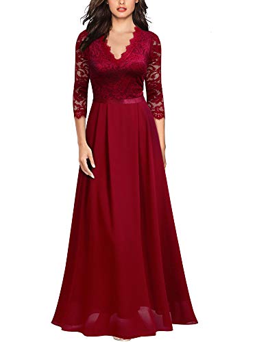 MIUSOL Damen V-Ausschnitt Langes Spitzen Partykleid Hochzeit Chiffon Faltenrock Abendkleid Rot Gr.M von MIUSOL