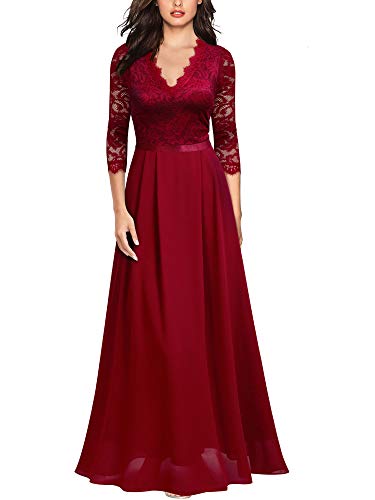 MIUSOL Damen V-Ausschnitt Langes Spitzen Partykleid Hochzeit Chiffon Faltenrock Abendkleid Rot Gr.XL von MIUSOL