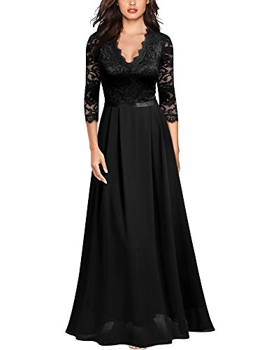 MIUSOL Damen V-Ausschnitt Langes Spitzen Partykleid Hochzeit Chiffon Faltenrock Abendkleid Schwarz Gr.S von MIUSOL