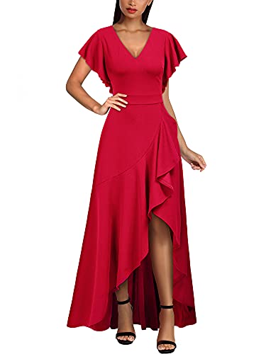 MIUSOL Damen V-Ausschnitt Langes Split Kleid Cocktail Party Abendkleid Rot Gr.L von MIUSOL