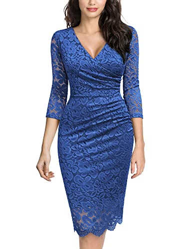 MIUSOL Damen V-Ausschnitt Vintage Etuikleid 3/4 Arm Spitzenkleid Cocktailkleid festliches Partykleid Blau Gr.L von MIUSOL