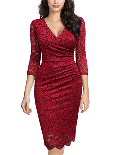 MIUSOL Damen V-Ausschnitt Vintage Etuikleid 3/4 Arm Spitzenkleid Cocktailkleid festliches Partykleid Rot 2XL von MIUSOL