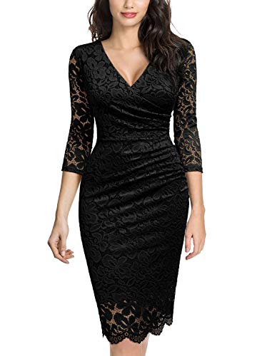 MIUSOL Damen V-Ausschnitt Vintage Etuikleid 3/4 Arm Spitzenkleid Cocktailkleid festliches Partykleid Schwarz L von MIUSOL