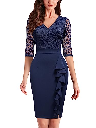 MIUSOL Damen Vintage Blume Spitze Rüschen Stil Cocktail Mini Etui Kleid（Navy Blau，Gr.S） von MIUSOL