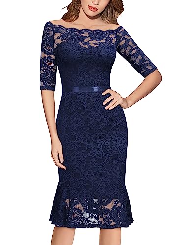 MIUSOL Damen Vintage Blume Spitze Schulterfrei Meerjungfrau Cocktail Etuikleid Party Abendkleid（Navy Blau，Gr.M） von MIUSOL