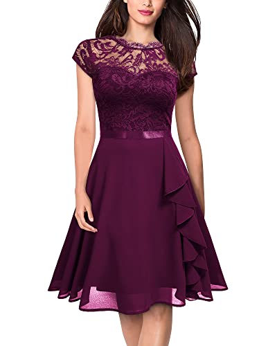 MIUSOL Damen Vintage Blumenspitze Rundhals A-Linie Schwingen Party Kleid（Magenta，Gr.L） von MIUSOL