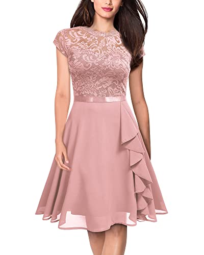 MIUSOL Damen Vintage Blumenspitze Rundhals A-Linie Schwingen Party Kleid（Rosa，Gr.L） von MIUSOL