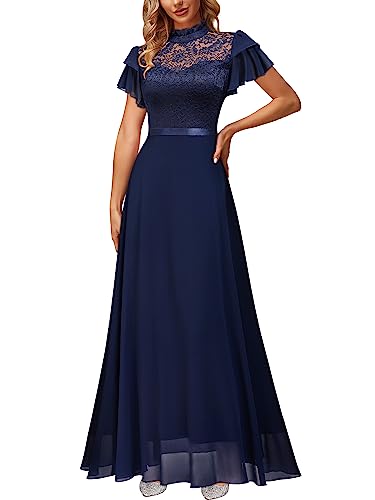 MIUSOL Damen Vintage Spitze Schmetterling Ärmel Brautjungfer Party Kleid Langes Abendkleid（Navy Blau，Gr.XL） von MIUSOL