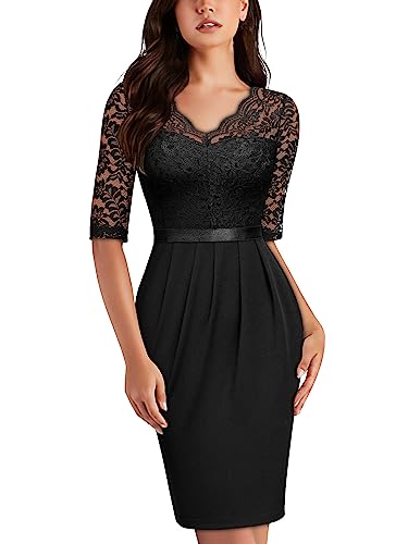 MIUSOL Damen Vintage Blume Spitze Kontrast Plissierte Spaltung Langes Brautjungfer Abendkleid Party Kleid （Schwarz，Gr.XL） von MIUSOL