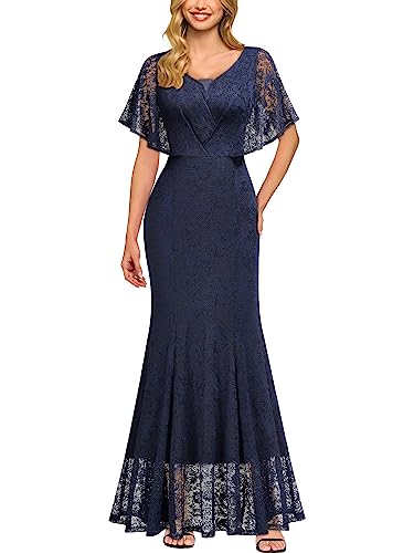 MIUSOL Damen Vintage V-Ausschnitt Kurze Fledermausärmel Brautjungfer Party Kleid Abend Maxi Kleid（Navy Blau，Gr.L） von MIUSOL