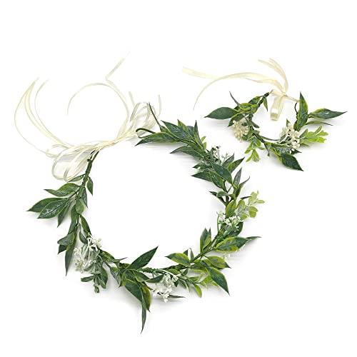 MIVAIUN 1Stk Grüne Krone Blattkronen Tiara und 1Stk Blatt Blumen Armband Waldelfen Kopfschmuck Blattblumen Stirnband Braut Tiara Waldfee Kostüm Damen Haarschmuck Grün Blumenkrone für Hochzeit Party. von MIVAIUN