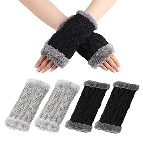 MIVAIUN 2 Paar Fingerlose Handschuhe Halb Fingerhandschuhe Verdickte Plüsch Armstulpen, Gestrickte Handschuhe Winterhandschuhe, Geschenke für Frauen Größe für Erwachsene Jugend (Schwarz und Grau) von MIVAIUN