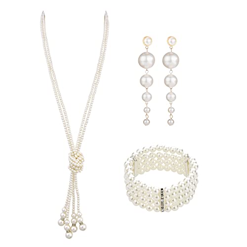 MIVAIUN 3 Stück Kunstperlen Set 1920er Jahre Perlenschmuck Kunststoff Perlenohrringe,4 Reihiges Stretch Perlenarmband 1920 Perlenkette Perlenschmuck für 1920er Mottoparty Abschlussball von MIVAIUN