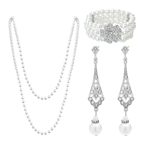 MIVAIUN 3 Stück Kunststoff Perlen Set 1920er Jahre Perlen Schmuckset,1920er Damen Perlenkette Ohrringe Armband Set 1920er Halskette Vintage Ohrringe Perlenarmband für Mädchen Damen Party (Set C) von MIVAIUN