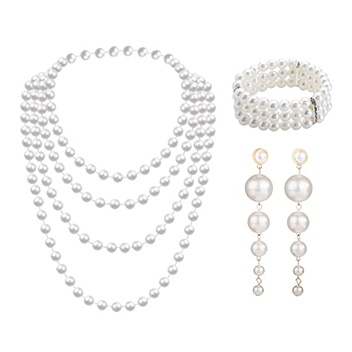 MIVAIUN 3 Stück Perlen Set mit langen Kunststoffperlen Ohrringen 3 Reihiges Stretch Perlenarmband 1920er Perlenkette 1920er Accessoires Perlen Set für Party Abschlussball Hochzeit Festival(3 Stück) von MIVAIUN