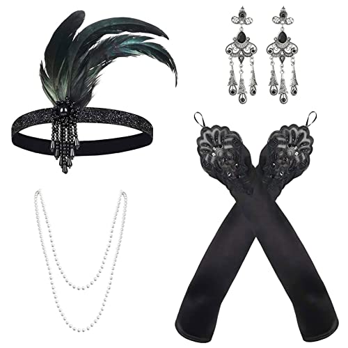 MIVAIUN 4 Stück 1920 Zubehör Set Vintage Kostüm Accessoires Gatsby Haarband Flapper Stirnband Perlenkette Ohrringe Lange Handschuhe Flapper Accessoires Great Gatsby Zubehör für Frauen (4 Stück) von MIVAIUN