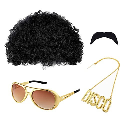 MIVAIUN Hippie Perücken Kostüm Zubehör Set, Funky Afro Perücke Sonnenbrille Halskette Schnurrbart für 60er 70er 80er Kostüm Disco Thema Party,Hippie Afro Perücke,Einheitsgröße von MIVAIUN