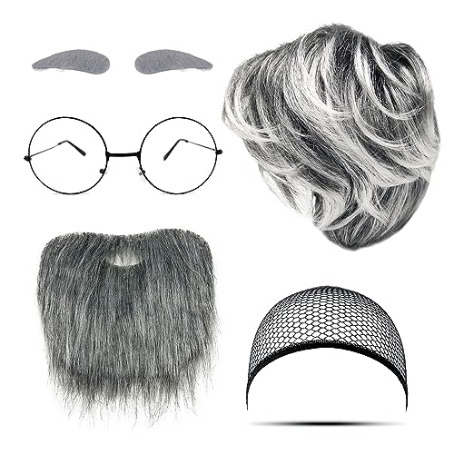 MIVAIUN 4 Stück Opa Kleidungszubehör Alter Opa Kostüm Set Opa Perücken Set Perücke für Männer Künstlicher Bart Perückenkappe Brille Opa Maskerade Kleid für Halloween Cosplay Mottoparty(Opa Set B) von MIVAIUN