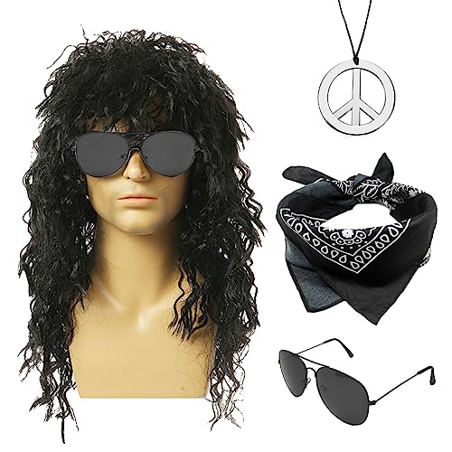 MIVAIUN 4 Stück Rock Perücken Set 70er 80er Jahre Disco Perücken Kostümzubehör für Damen Herren Hippie Kostüm Set Vokuhila Perücke Bandana Peace Halskette Sonnenbrille für Halloween Karneval (Schwarz) von MIVAIUN
