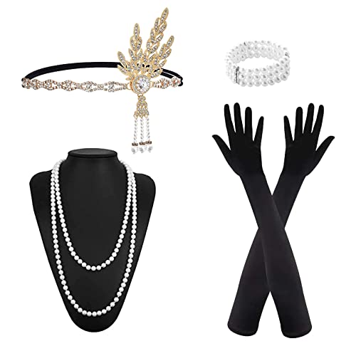 MIVAIUN 5 Stück 20er Jahre Accessoires Gatsby Accessoires 1920er JAhre Zubehör Set Damen 20er jahre Zubehör set Retro Style Stirnband Set,Stirnband Langen Schwarzen Handschuhen Halskette von MIVAIUN
