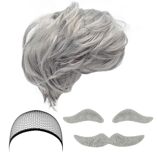 MIVAIUN 5 Stück Opa Kostüm Set, Opa Perücke, Perücke Herren, Schnurrbart zum Ankleben, Augenbrauen, Perückenkappe, Alter Mann Kostüm, Herren Kostüm für Halloween Weihnachten Cosplay Mottoparty (Grau) von MIVAIUN