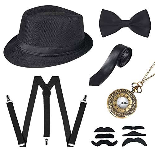 MIVAIUN 6 Stück 20er Jahre Herren Accessoires, 1920s Gatsby Gangster Kostüm Set, 20er Herren Zubehör, Mafia Accessoires, Flapper Gatsby Kostüm Zubehör Set für Herren, Schwarz, Einheitsgröße (Set D) von MIVAIUN