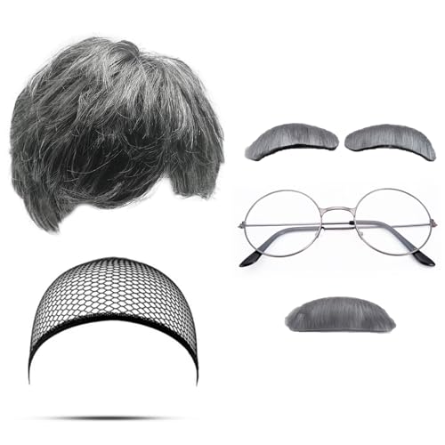 MIVAIUN 6 Stück Opa Kostüm Set Grau Perücke Herren Schnurrbart zum Ankleben Augenbrauen Perückenkappe Brille Alter Mann Herren Perücke Bart Kostüm für Halloween Weihnachten Cosplay Party (Grau) von MIVAIUN