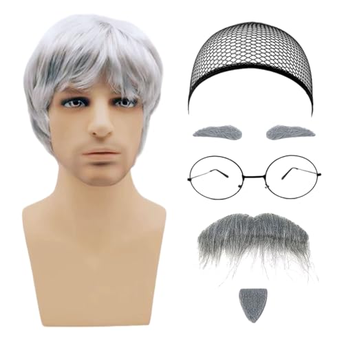 MIVAIUN 7 Stück Opa Perücken Set Alter Mann Perücke Herren Perücke Künstlicher Bart Augenbrauen Perückenkappe Brille Mann Kostüm Perücke Opa Kostüm Zubehör für Karneval Cosplay Party (7 Stück) von MIVAIUN