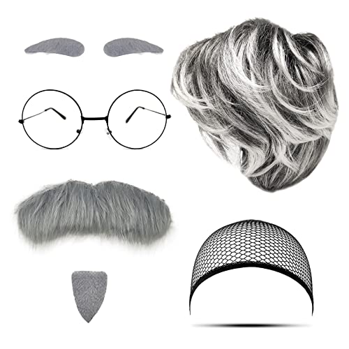 MIVAIUN 7tlg Opa Kostüm Set Alter Mann Kostümzubehör Großvater Accessoire Perücke Grauer Bart Augenbrauen Perückenkappe Brille Alter Mann Cosplay Zubehör für Halloween Party Karneval (Opa Set) von MIVAIUN