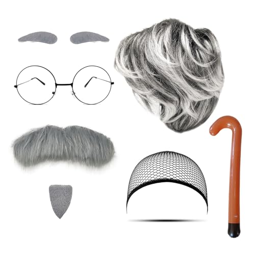 MIVAIUN 8 Stück Herren Perücken Set Grau Perücke Bart Augenbrauen Perückenmütze Brille Aufblasbare Spazierstock Alte Herren Perücke Opa Kostüm Opa Perücke Herren Kostüm für Cosplay Party(Set-A) von MIVAIUN
