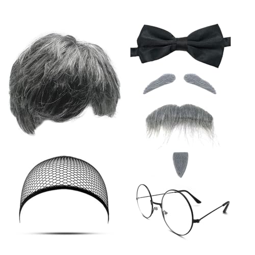 MIVAIUN 8 Stück Opa Kostüm Set Graue Perücke Herren Schnurrbart zum Ankleben Augenbrauen Perückenkappe Brille Fliege Alter Mann Herren Perücke Bart Kostüm für Halloween Weihnachten Cosplay Party（Grau） von MIVAIUN