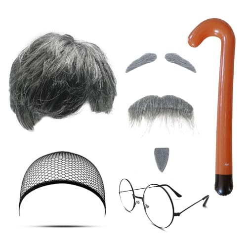 MIVAIUN 8 Stück Opa Kostüm Set Großvater Perücke Alter Mann Perücke Grau Bart Augenbrauen Perücke Mütze Brille Aufblasbarer Spazierstock Rentner Kostüm Herren Perücke Kostüm für Cosplay Party (Set-B) von MIVAIUN