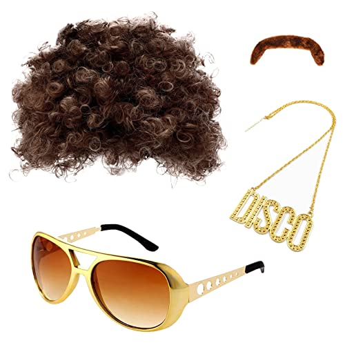 MIVAIUN Hippie Perücken Kostüm Zubehör Set, 70er Jahre Kostüm Herren, Hippie Kostüm Herren, Herren Hippie Perücken Kostüm Zubehör Set Hippie Afro Perücke,60er 70er 80er Kostüm Hippie Kostüm (4 Stück) von MIVAIUN