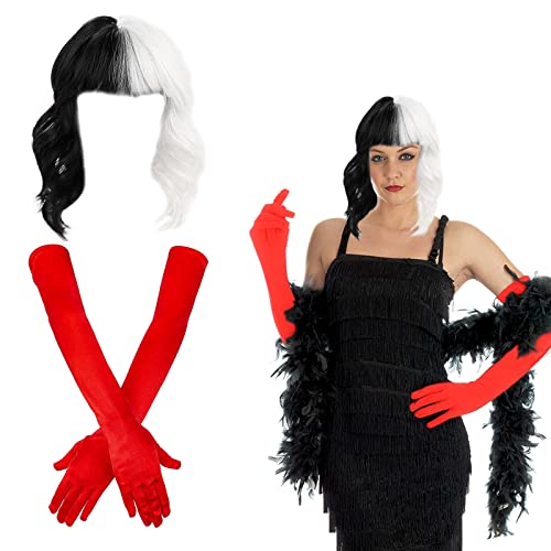 MIVAIUN Kurze Schwarz weiße Perücke mit Rot Handschuhe Halb Schwarz Halb Weiß Perücke Damen, Cruella Kostüm Damen, Halloween Kostüm Damen, 70er Jahre Accessoires, Cosplay Kostüm Party (3 Pcs) von MIVAIUN